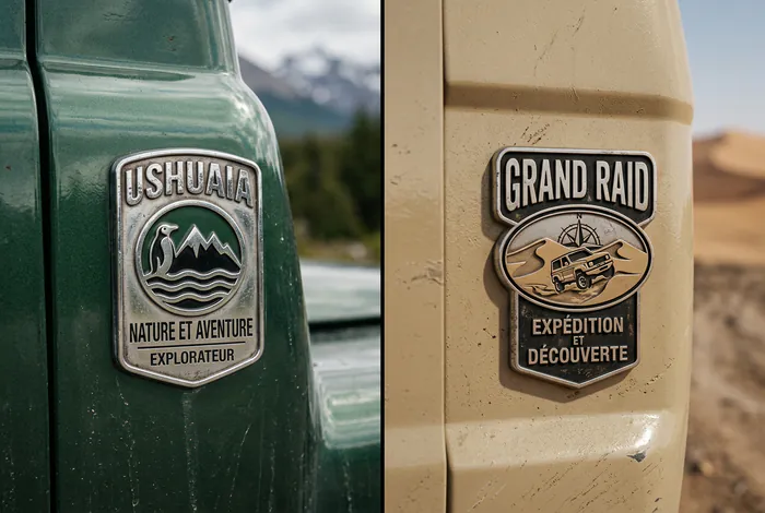 Quelle différence entre Partner Ushuaïa et Grand Raid Gros plan sur les logos des Peugeot Partner Ushuaïa Nature et Grand Raid